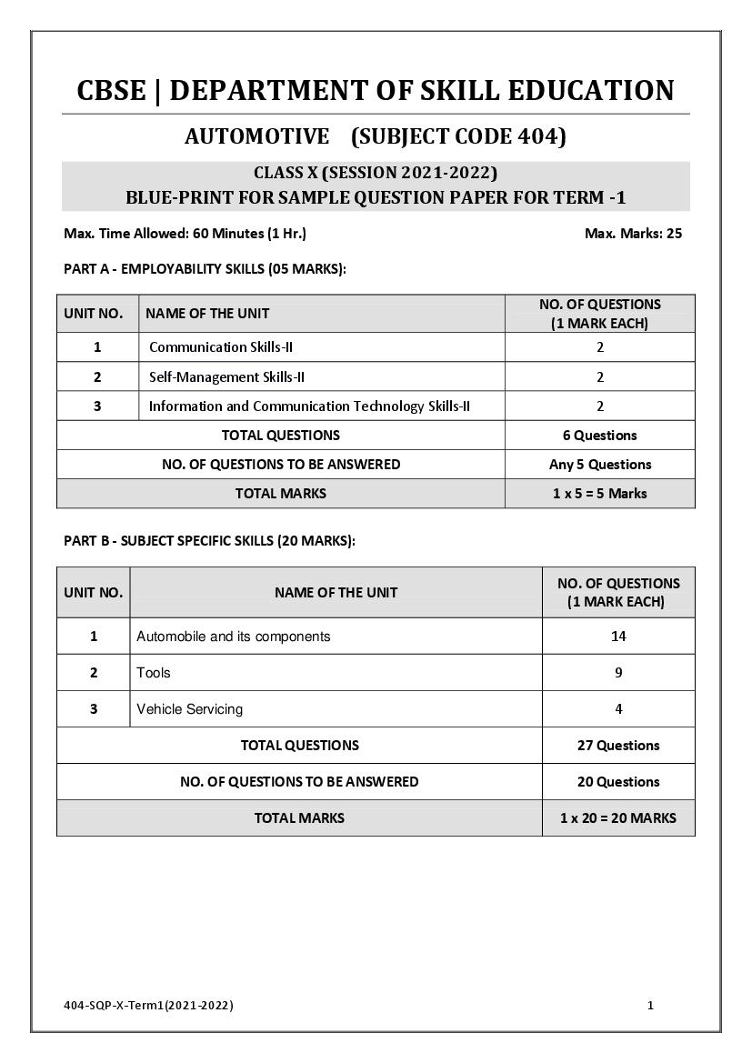 CBSE Class 10 Sample Paper 2022 for Automotive Term 1 - Page 1