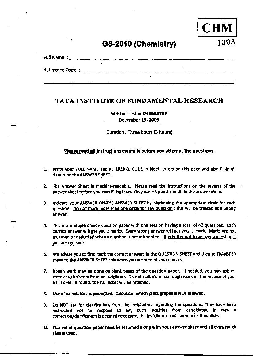 TIFR GS 2010 Question Paper Chemistry - Page 1