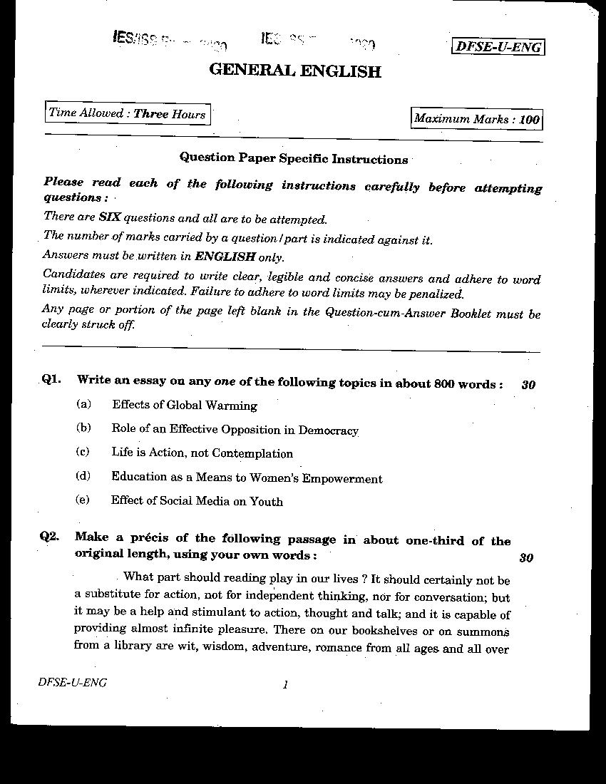 UPSC IES ISS 2020 Question Paper General English - Page 1