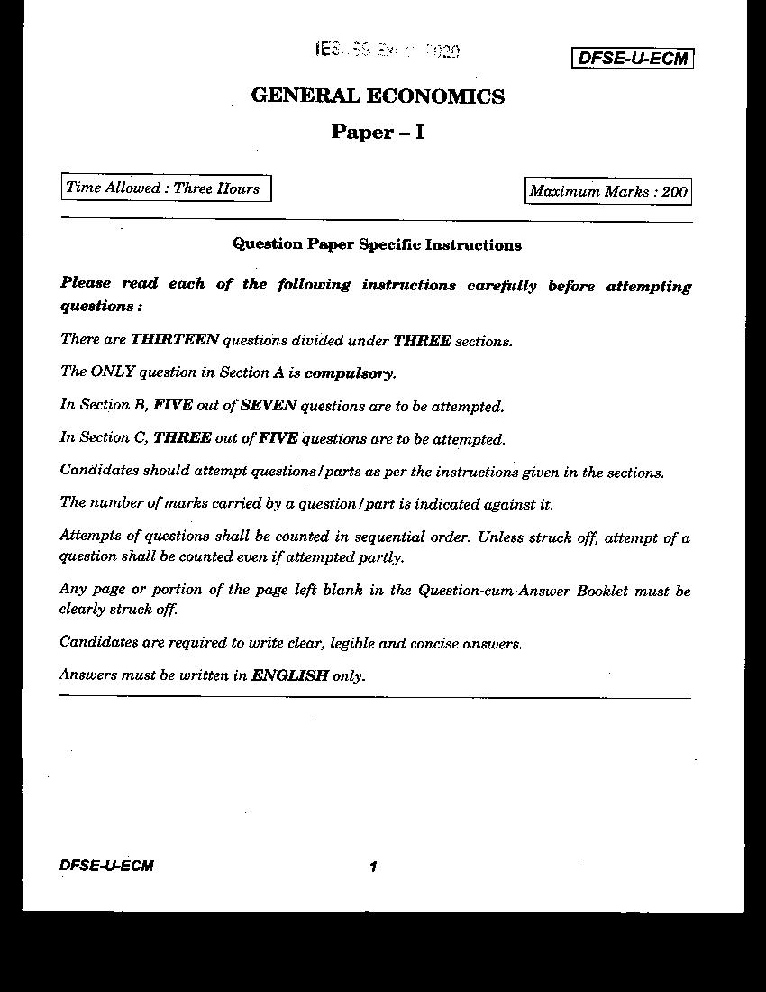 UPSC IES ISS 2020 Question Paper General Economics Paper 1 - Page 1