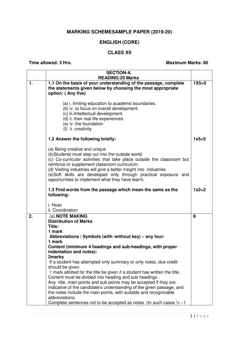 CBSE Class 12 Marking Scheme 2020 for English Core - Page 1