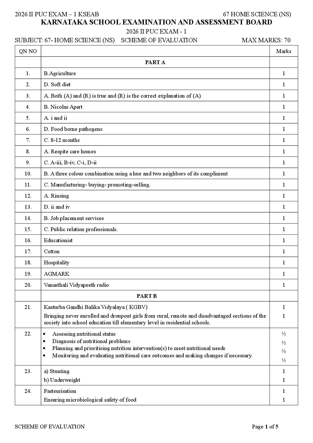Karnataka 2nd PUC Question Paper 2026 Answer Key Home Science - Page 1 of 5