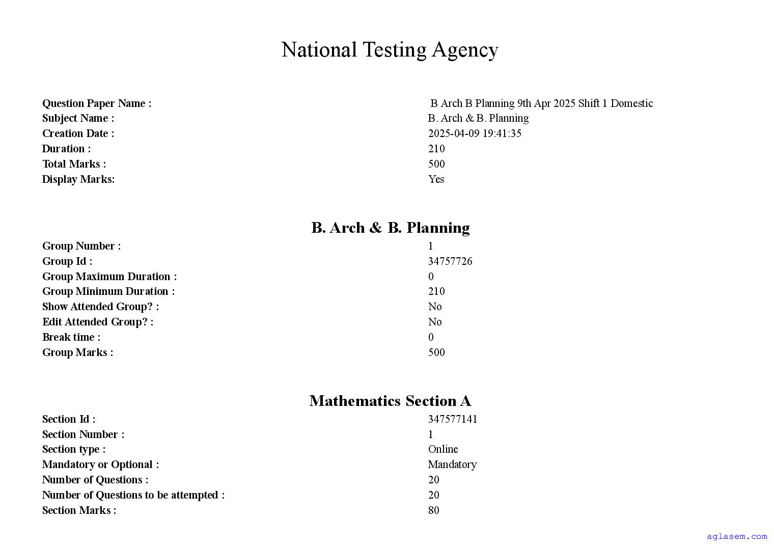 JEE Main 2025 Question Paper (B.Arch & B.Planning) - 9 Apr Shift 1 - Page 1 of 10