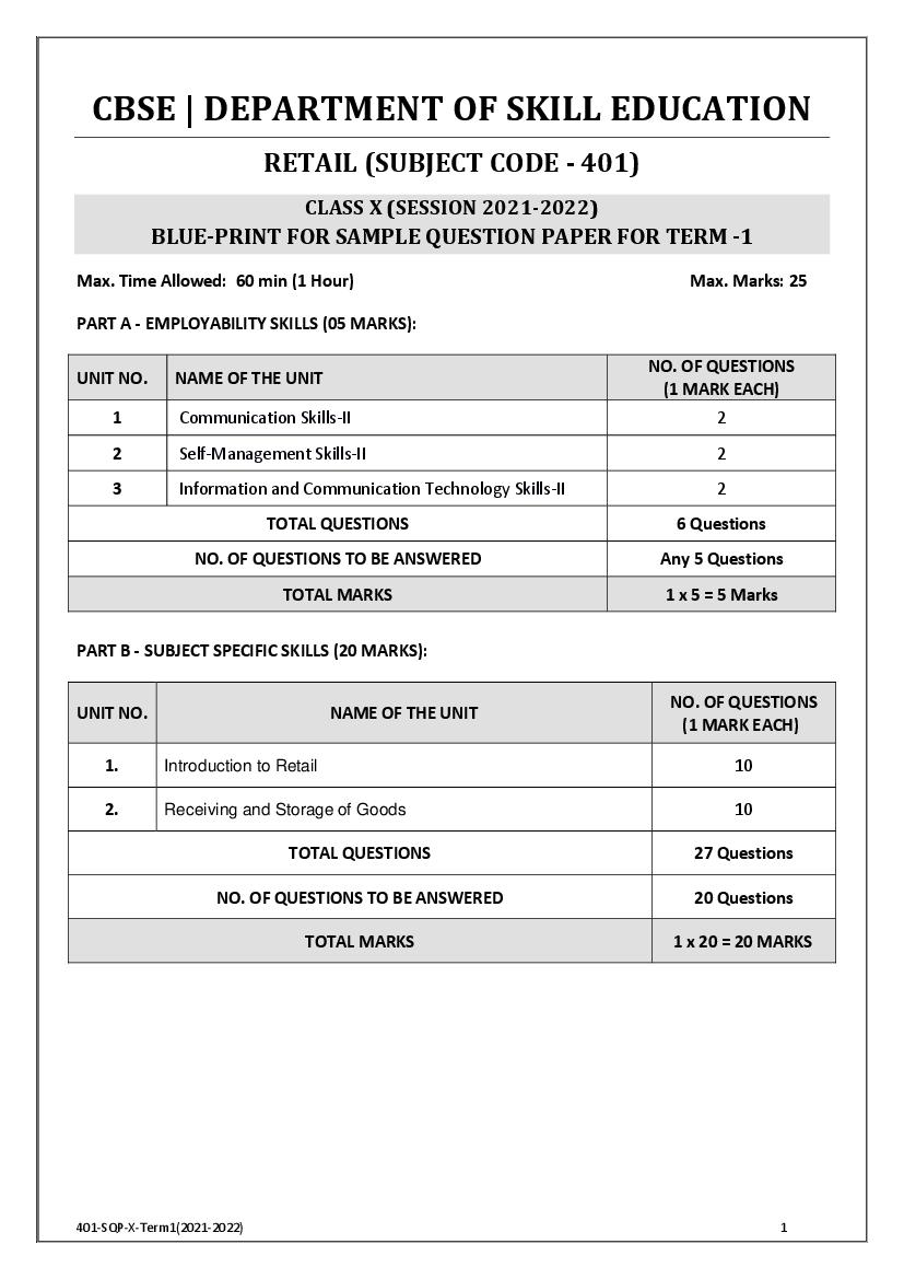CBSE Class 10 Sample Paper 2022 for Retail Term 1 - Page 1