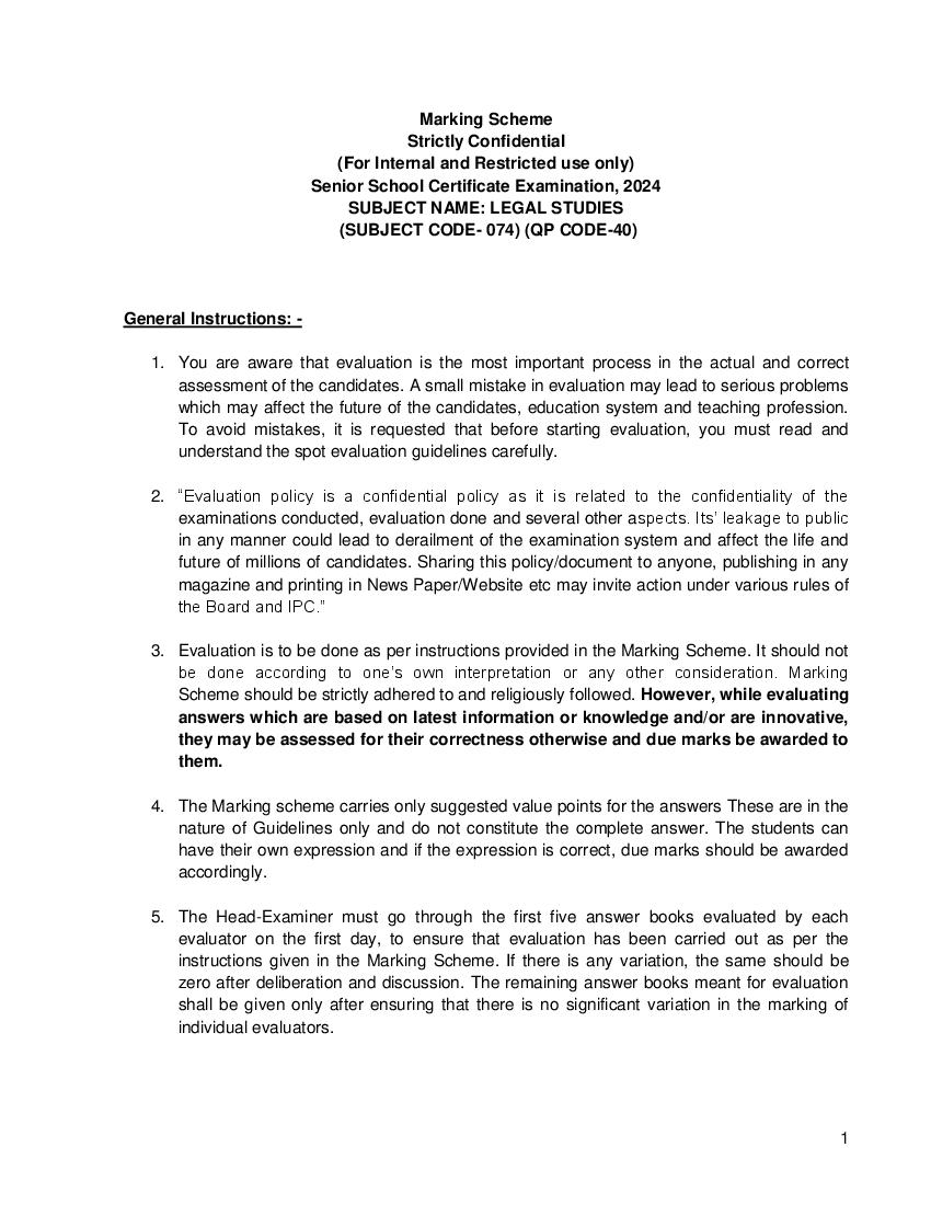 CBSE Class 12 Question Paper 2024 Solution Legal Studies - Page 1