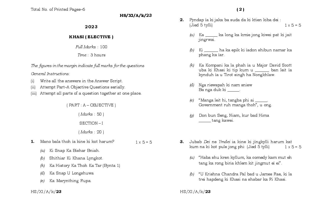 MBOSE Class 11 Question Paper 2023 for Khasi Elective - Page 1