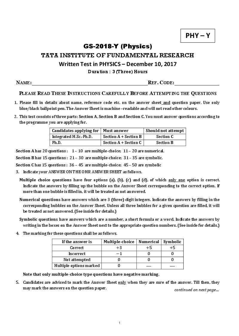 tifr phd entrance question papers