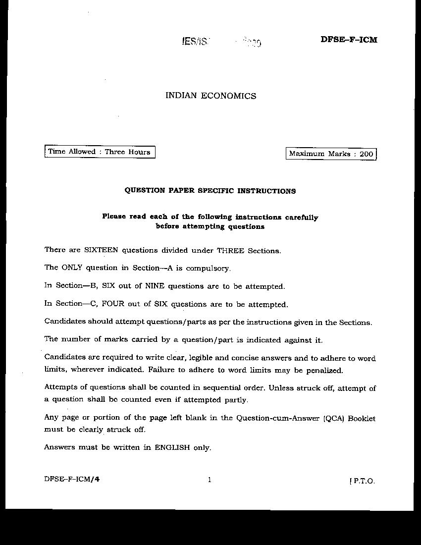 UPSC IES ISS 2020 Question Paper Indian Economics - Page 1