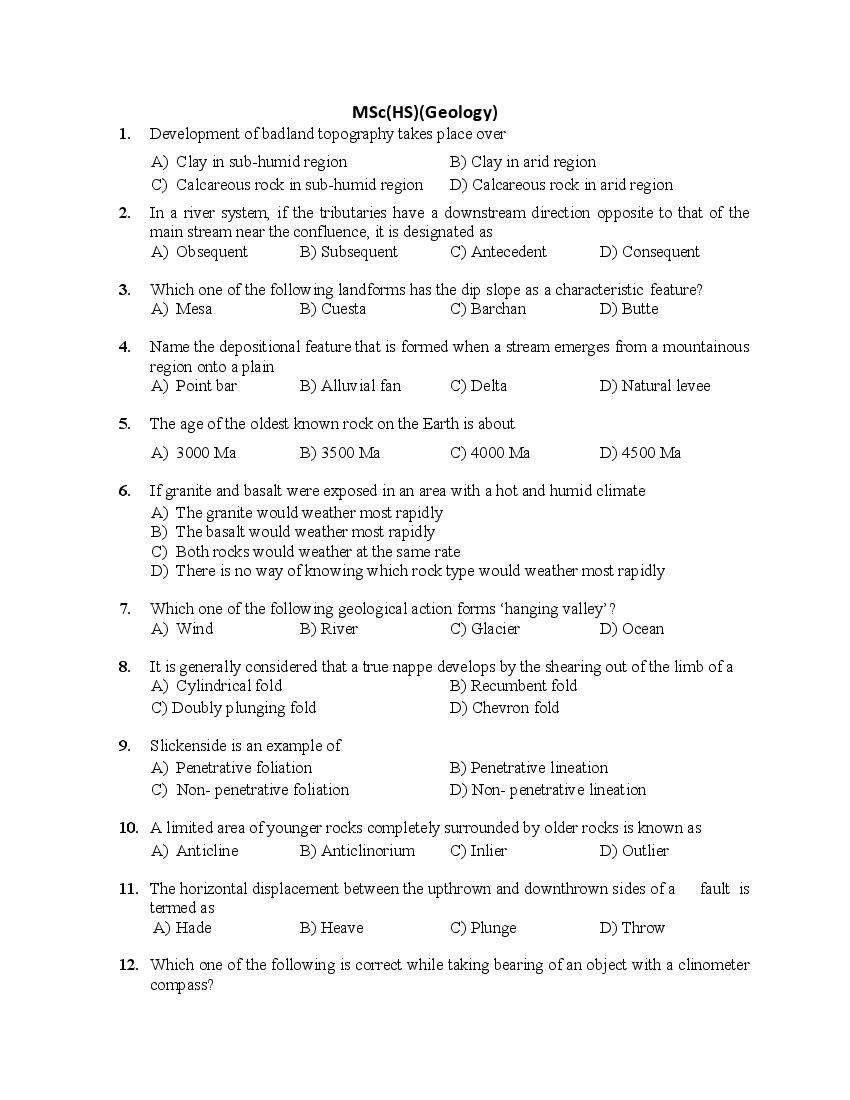 PU CET PG 2018 Question Paper MSc_HS__Geology_ - Page 1