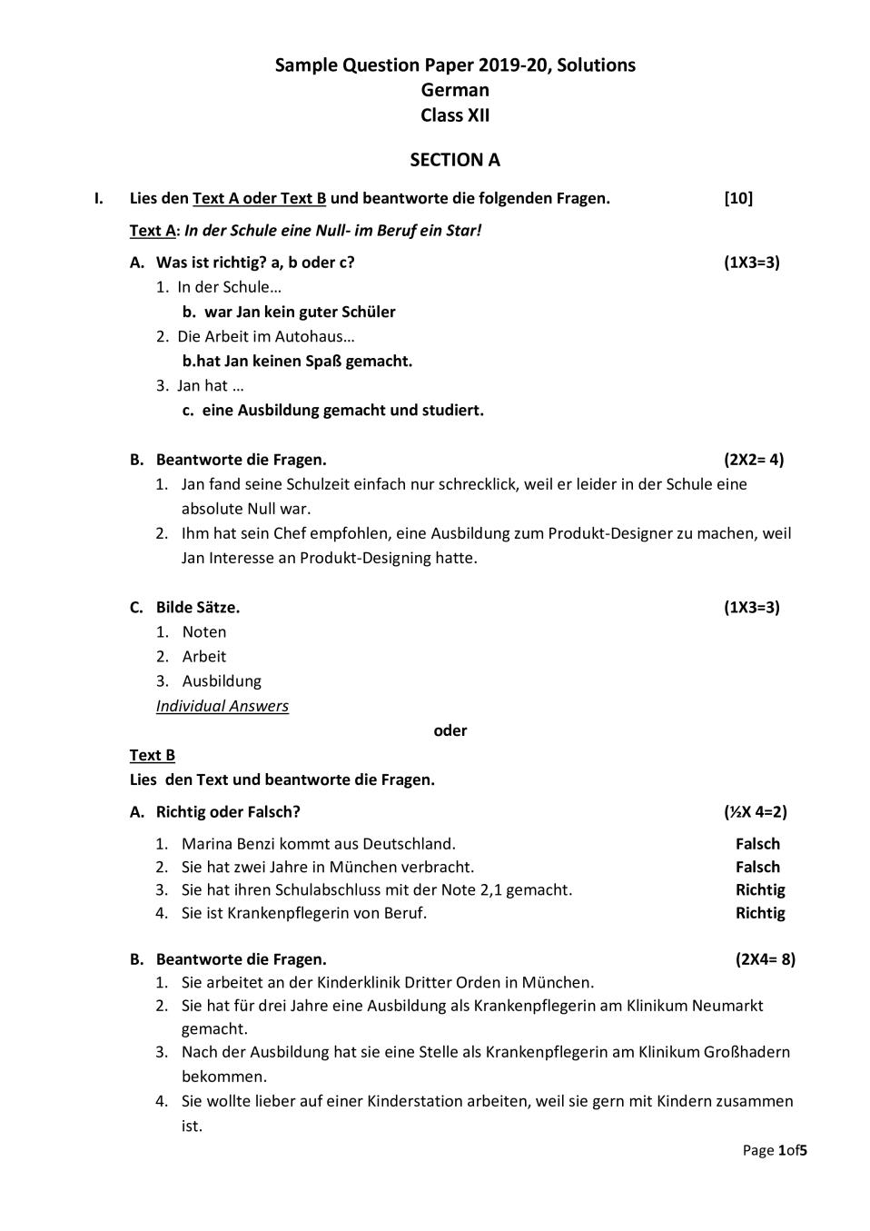 CBSE Class 12 Marking Scheme 2020 for German - Page 1