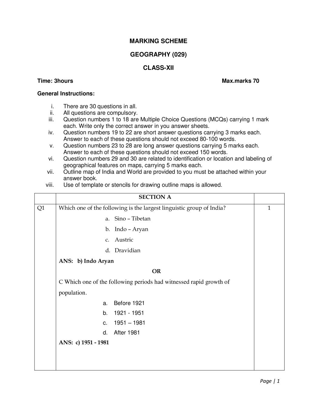 CBSE Class 12 Marking Scheme 2020 for Geography - Page 1