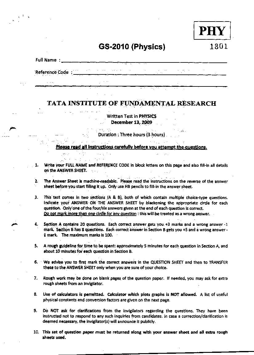 TIFR GS 2010 Question Paper Physics - Page 1