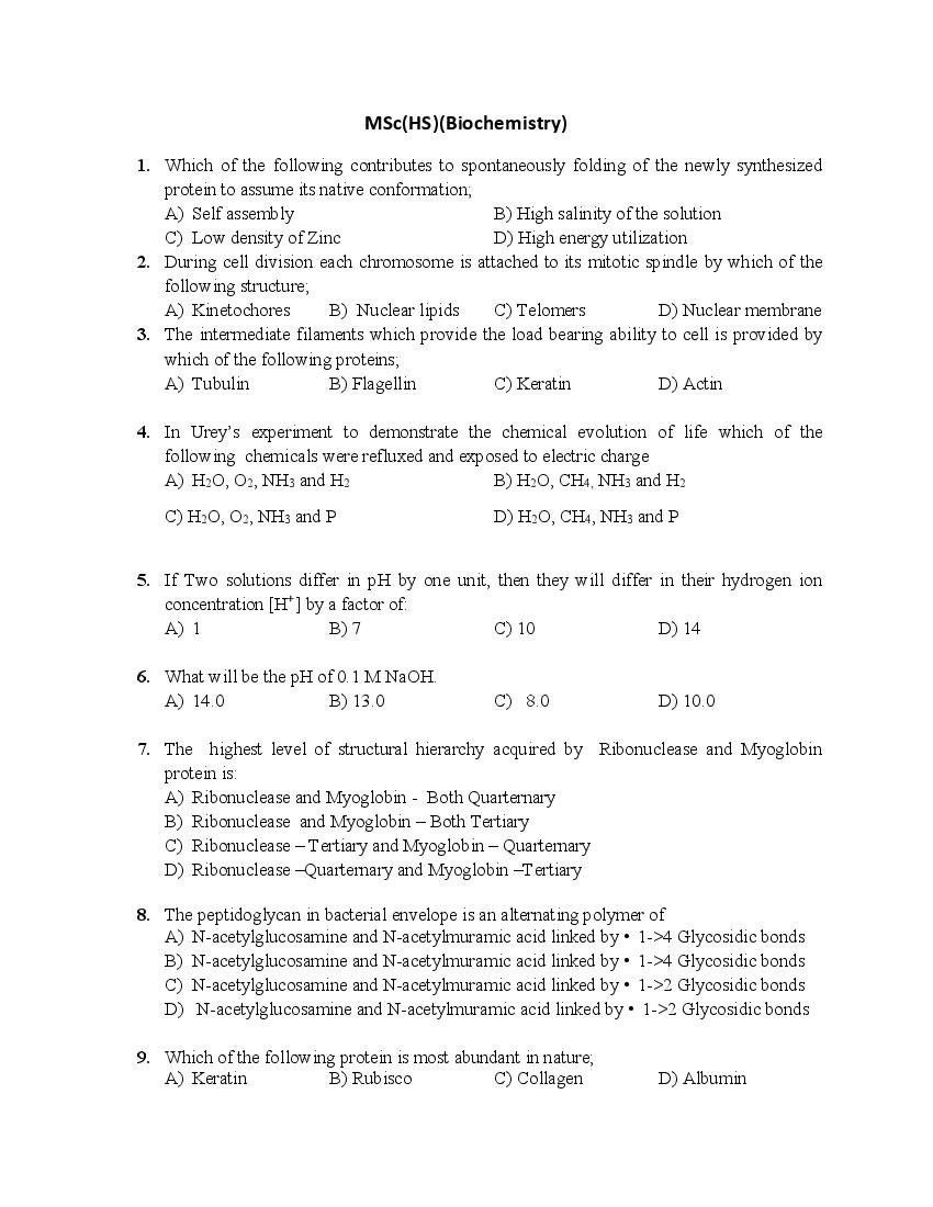 PU CET PG 2018 Question Paper MSc HS Biochemistry - Page 1