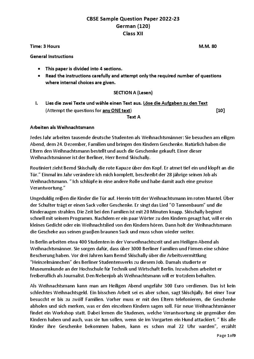 CBSE Class 12 Sample Paper 2023 German - Page 1