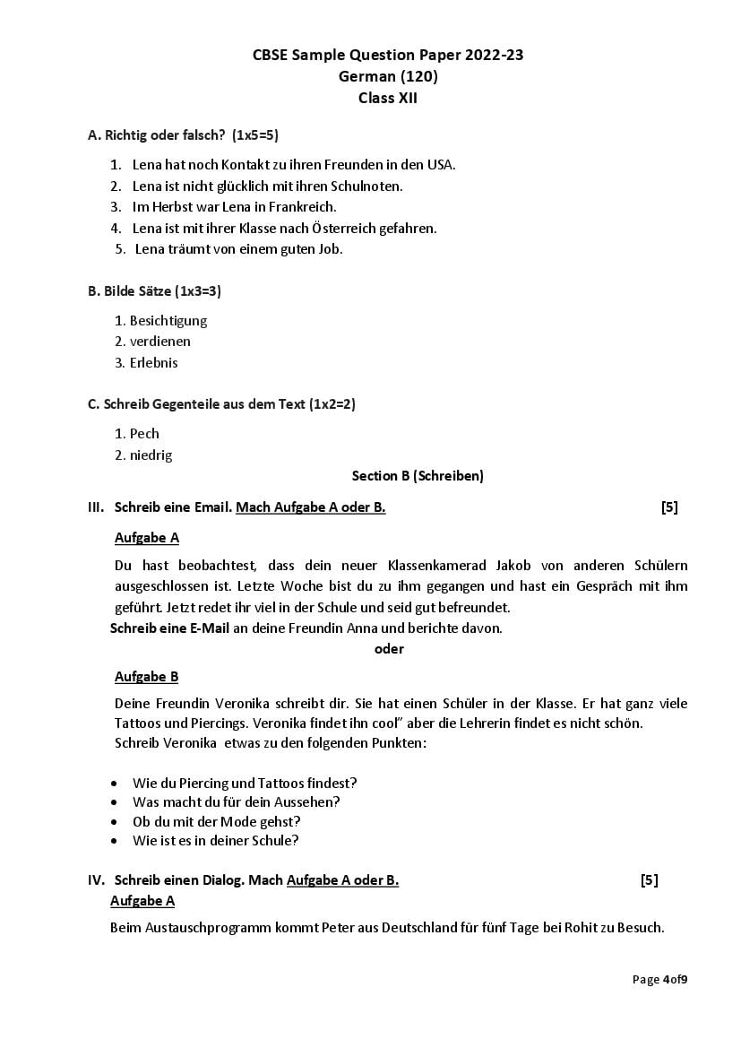 CBSE Class 12 German Sample Paper 2023 (PDF) - Class 12 German Sample ...