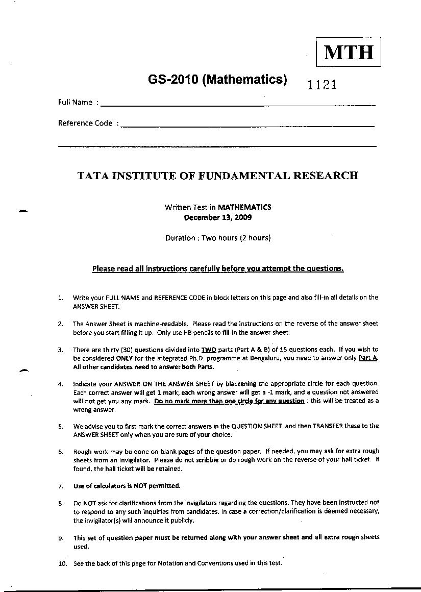 TIFR GS 2010 Question Paper Mathematics - Page 1 of 8