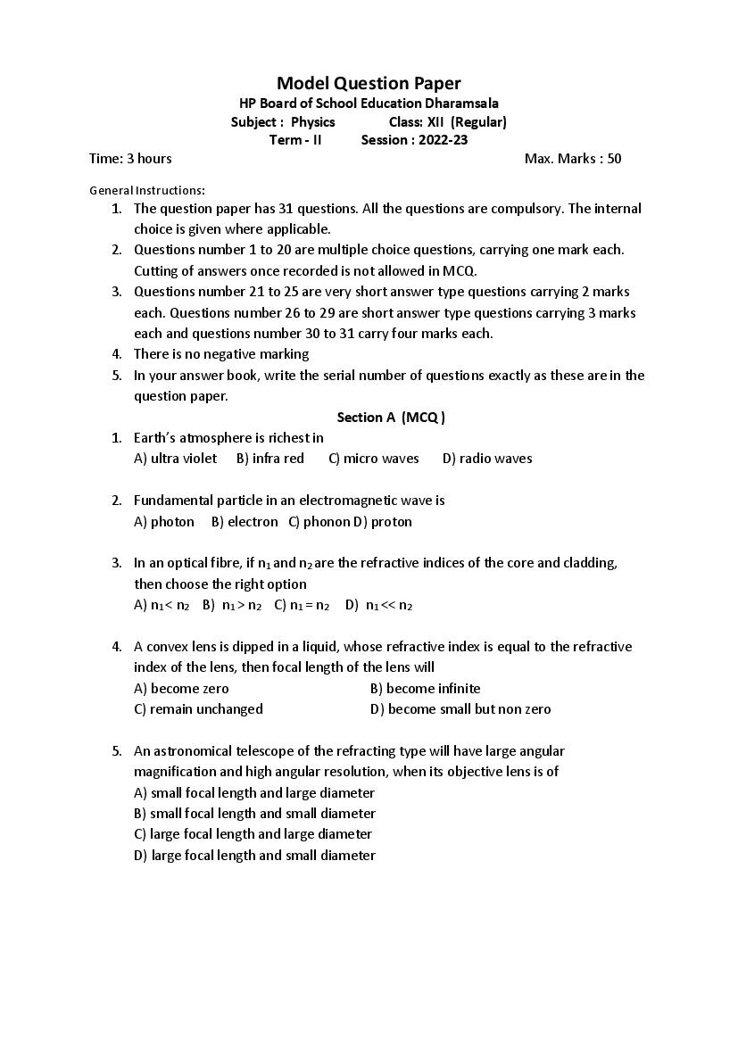 HP Board 12th Class Model Test Paper 2023 Physics - Page 1