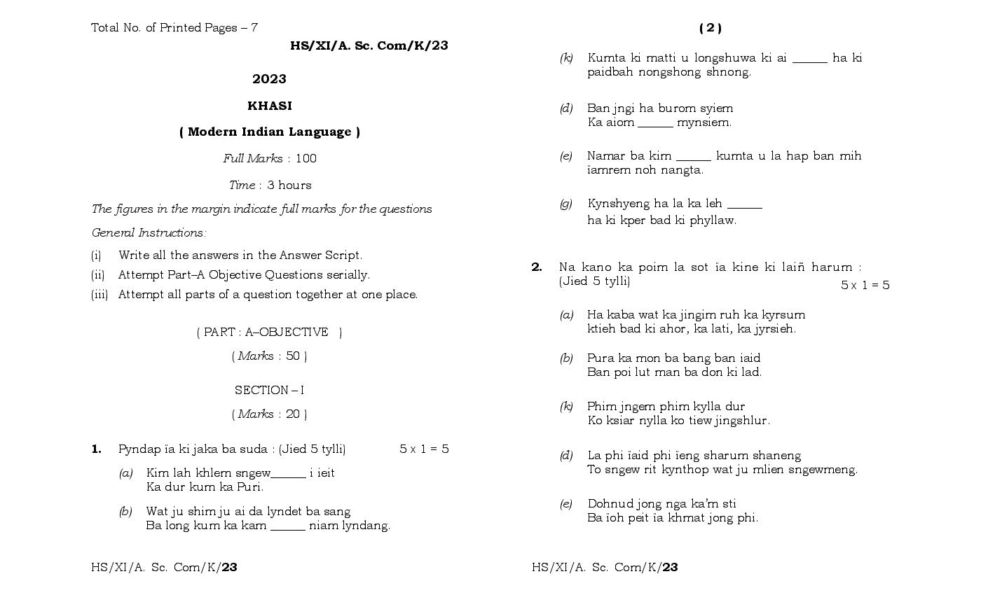 MBOSE Class 11 Question Paper 2023 for Khasi Mil - Page 1