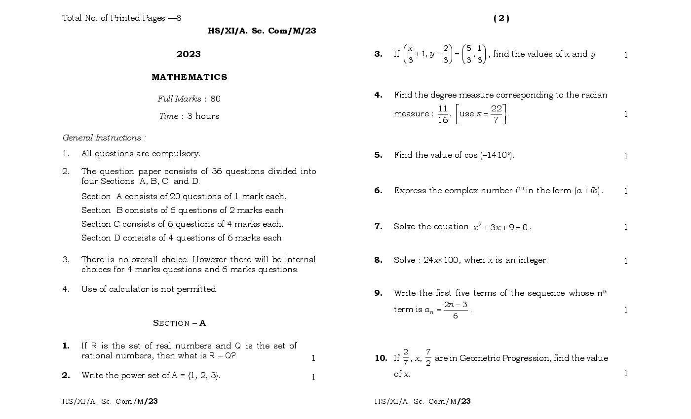 MBOSE Class 11 Question Paper 2023 for Mathematic - Page 1