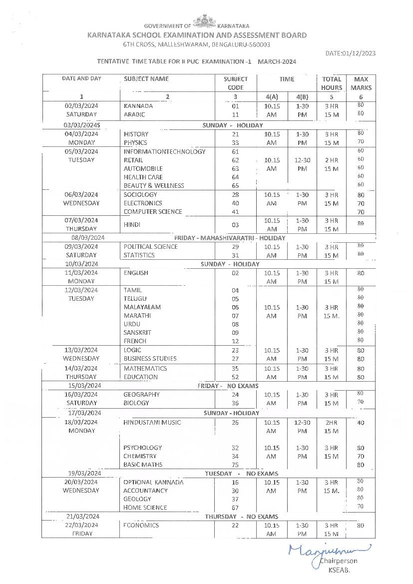 Karnataka Nd Puc Time Table Pdf Out Download Pue Karnataka Class Th Exam Date