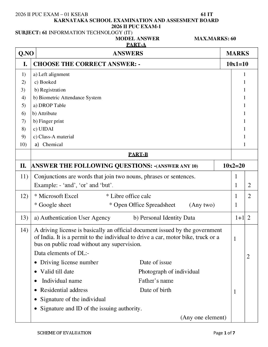 Karnataka 2nd PUC Question Paper 2026 Answer Key Information Technology - Page 1 of 7