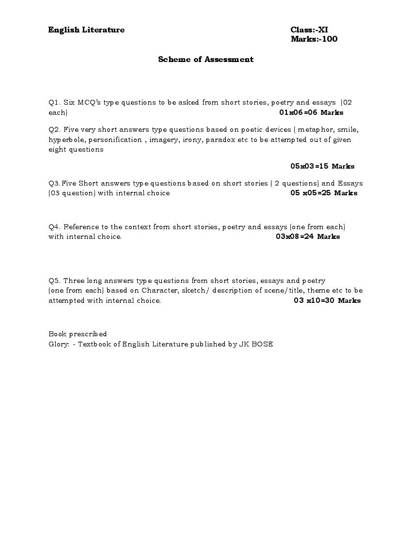 JKBOSE 11th Class Model Paper 2024 English Literature - Page 1