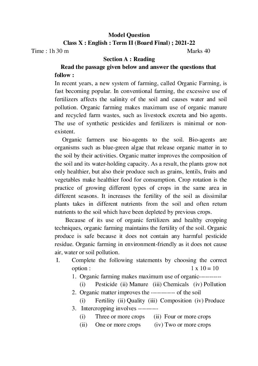 TBSE Class 10 Sample Paper 2022  English Term 2 - Page 1