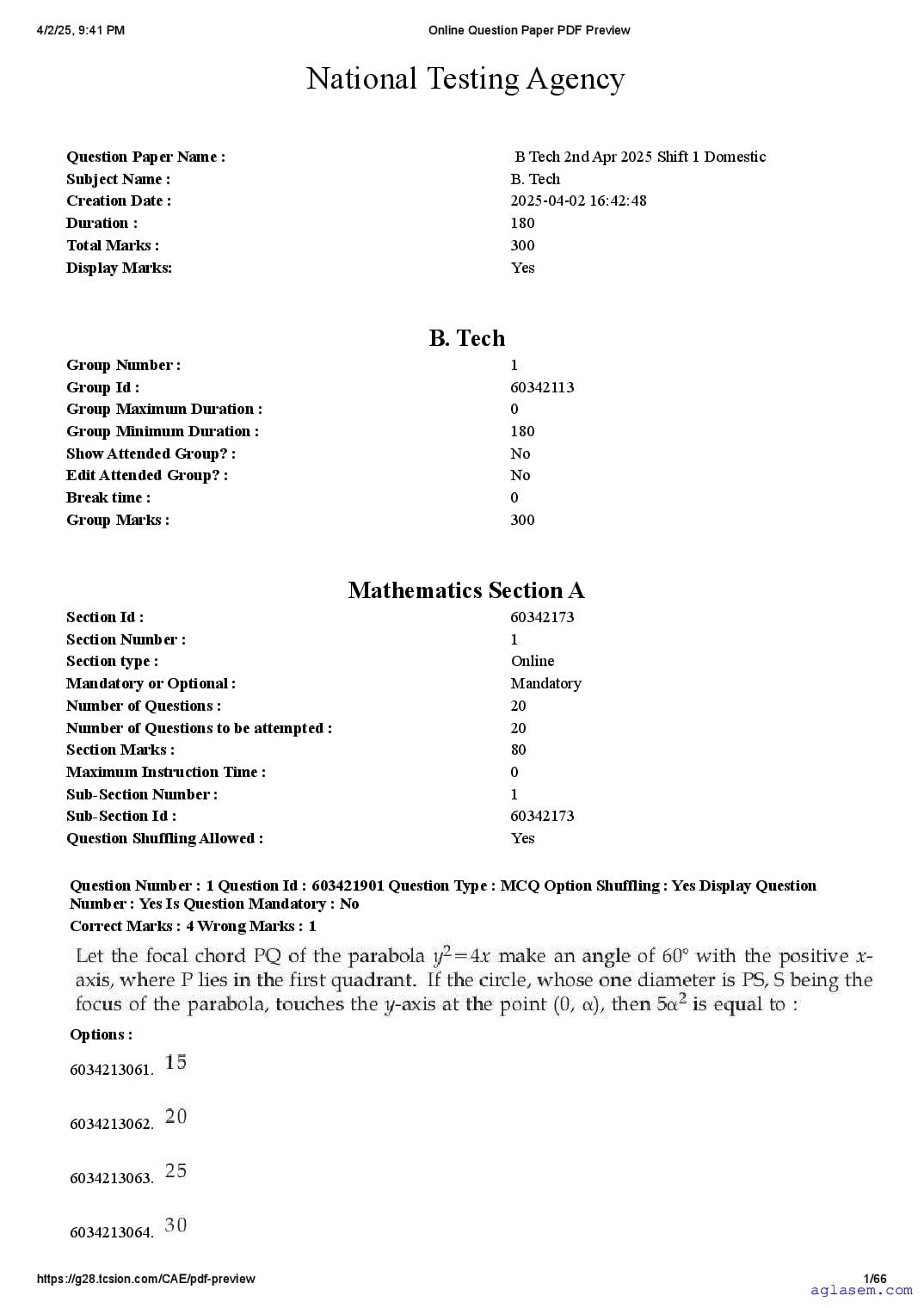 JEE Main 2025 Question Paper (B.Tech) - 2 Apr Shift 1 - Page 1 of 66
