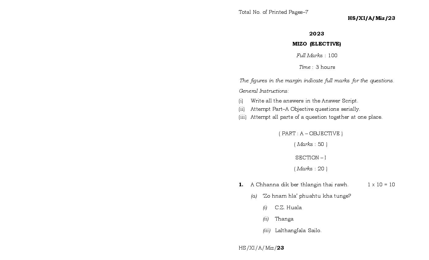 MBOSE Class 11 Question Paper 2023 for Mizo Elective - Page 1