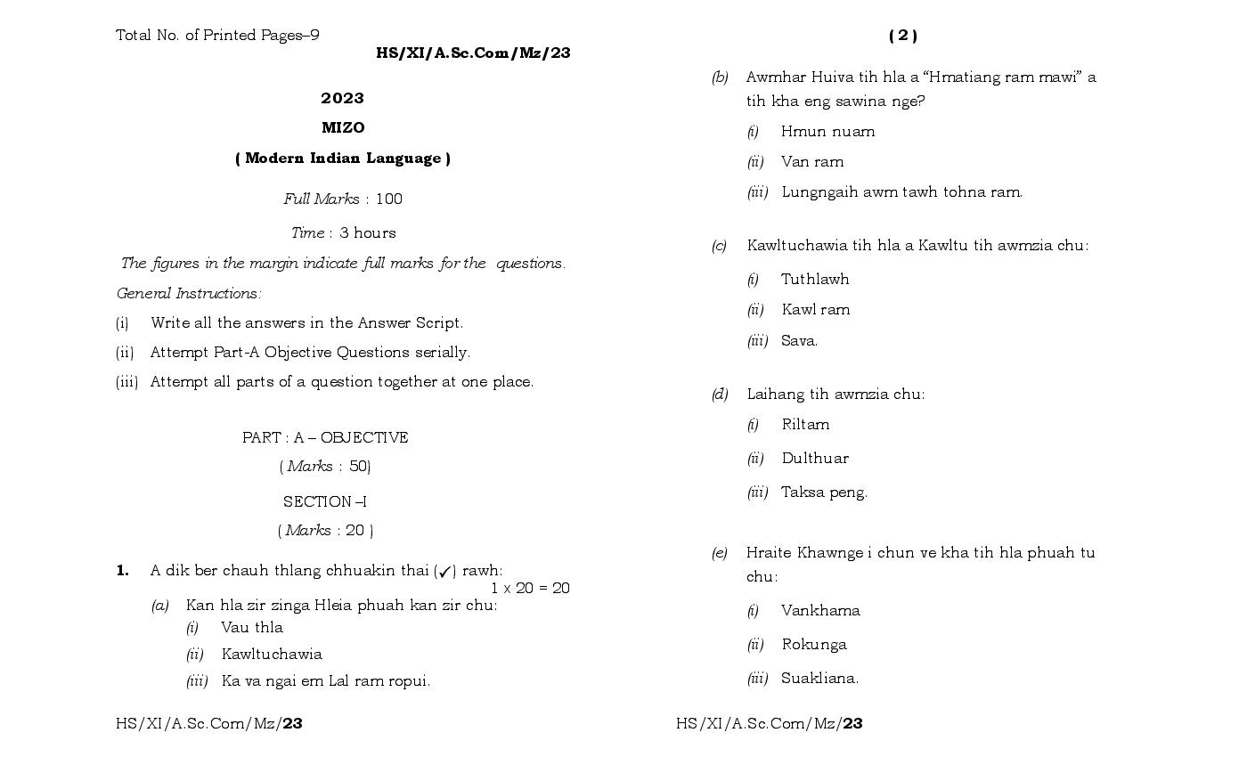 MBOSE Class 11 Question Paper 2023 for Mizo Mil - Page 1