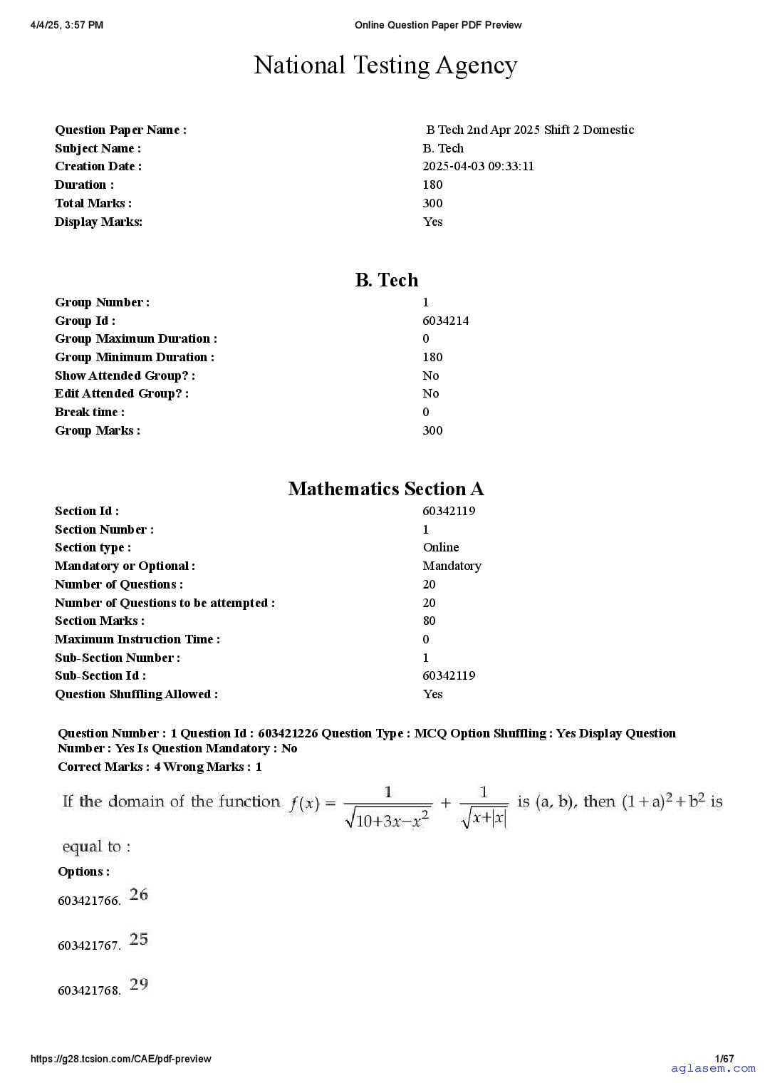 JEE Main 2025 Question Paper (B.Tech) - 02 Apr Shift 2 - Page 1 of 67