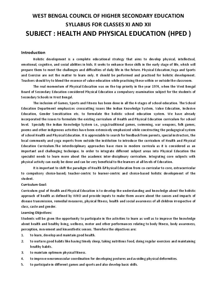 WBCHSE Class 11 Syllabus 2024 Health and Physical Education - Page 1