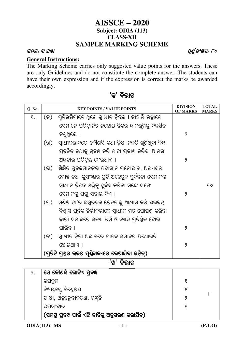 CBSE Class 12 Marking Scheme 2020 for Odia - Page 1