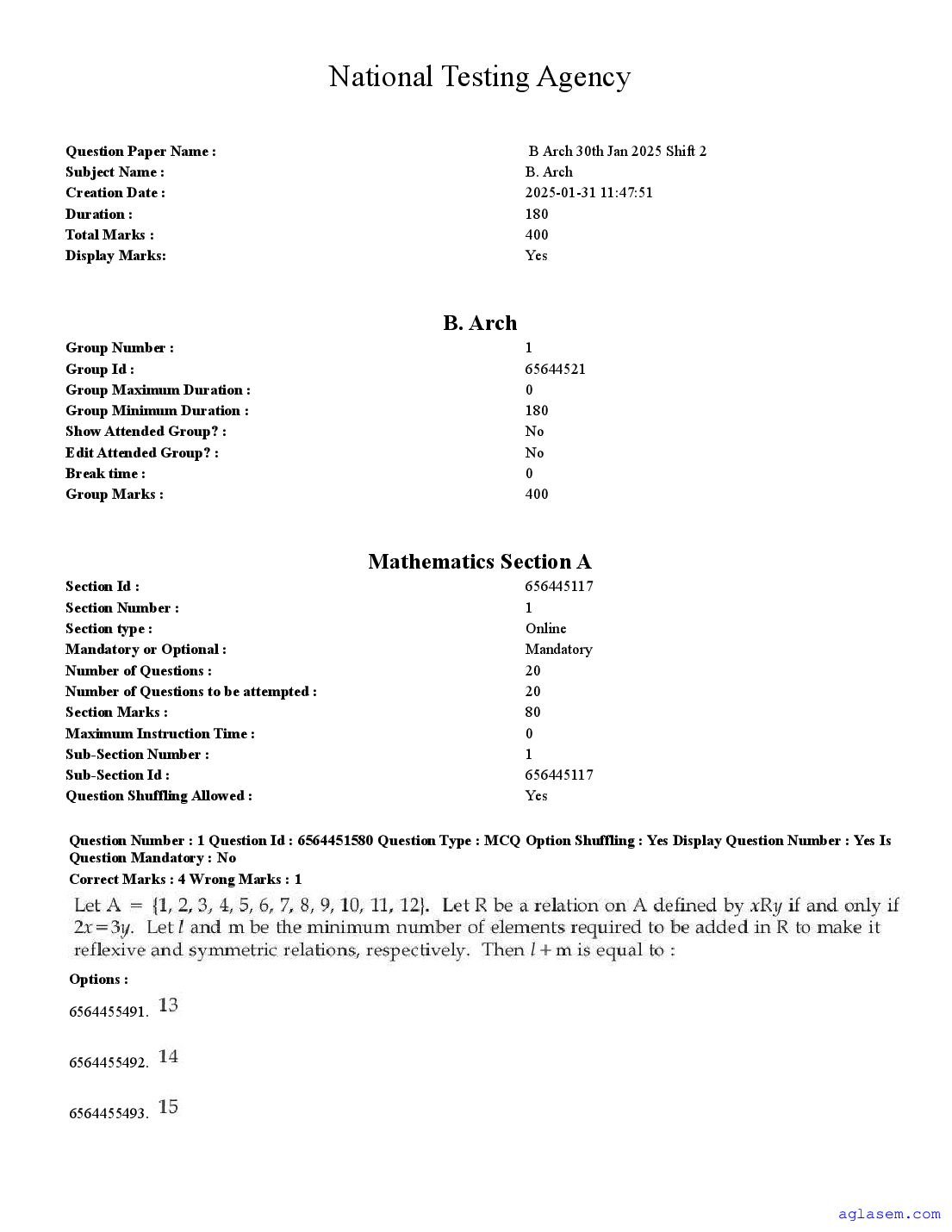 JEE Main 2025 Question Paper (B.Arch) - 30 Jan Shift 2 - Page 1 of 71