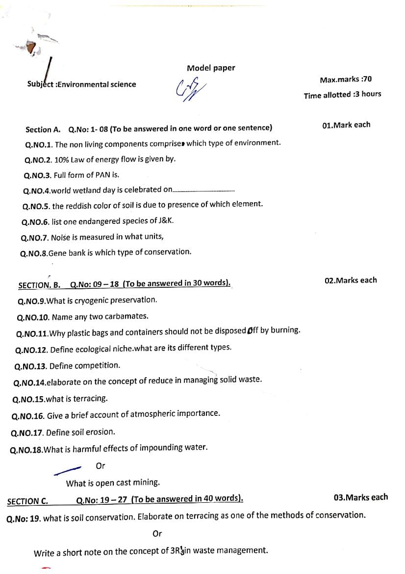 JKBOSE 11th Class Model Paper 2024 Environmental Science - Page 1