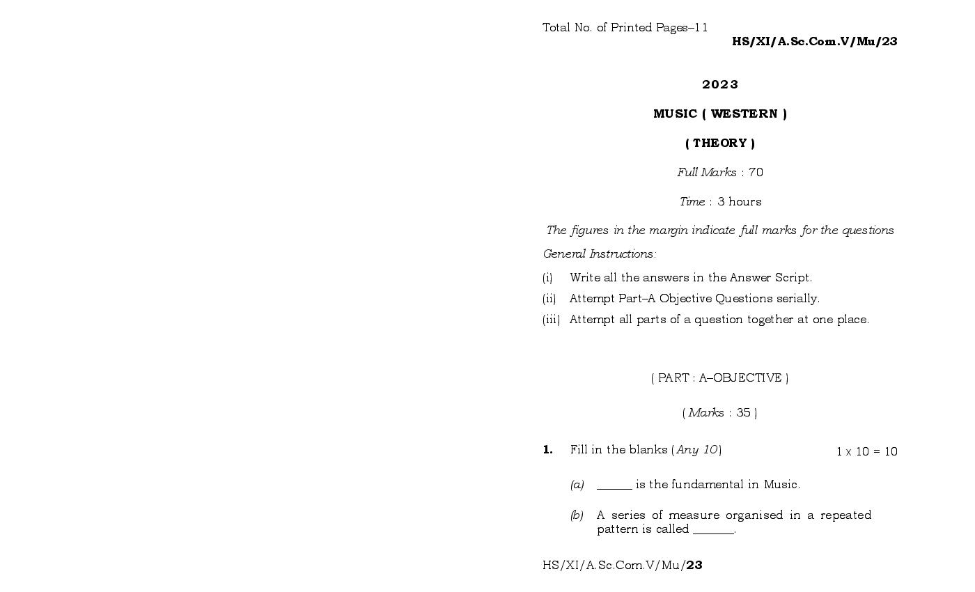 MBOSE Class 11 Question Paper 2023 for Music Western - Page 1