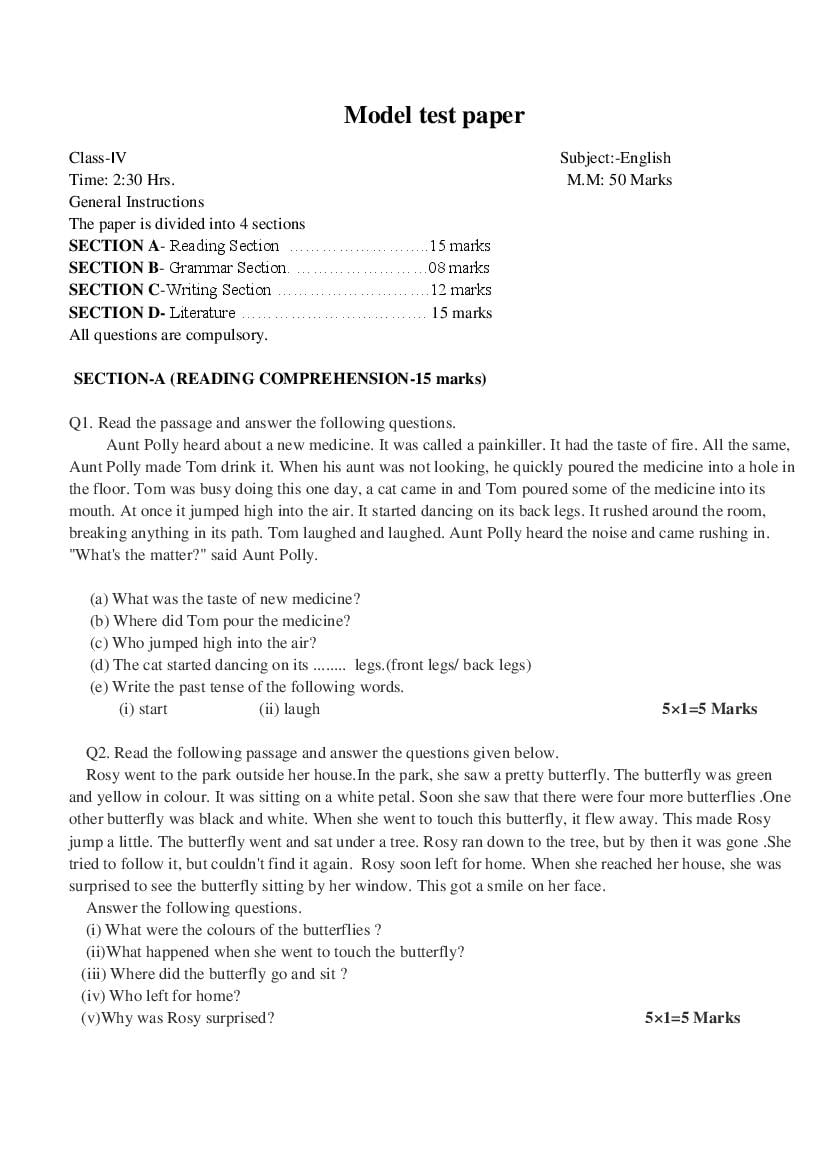JKBOSE 4th Class Model Paper 2024 English - Page 1