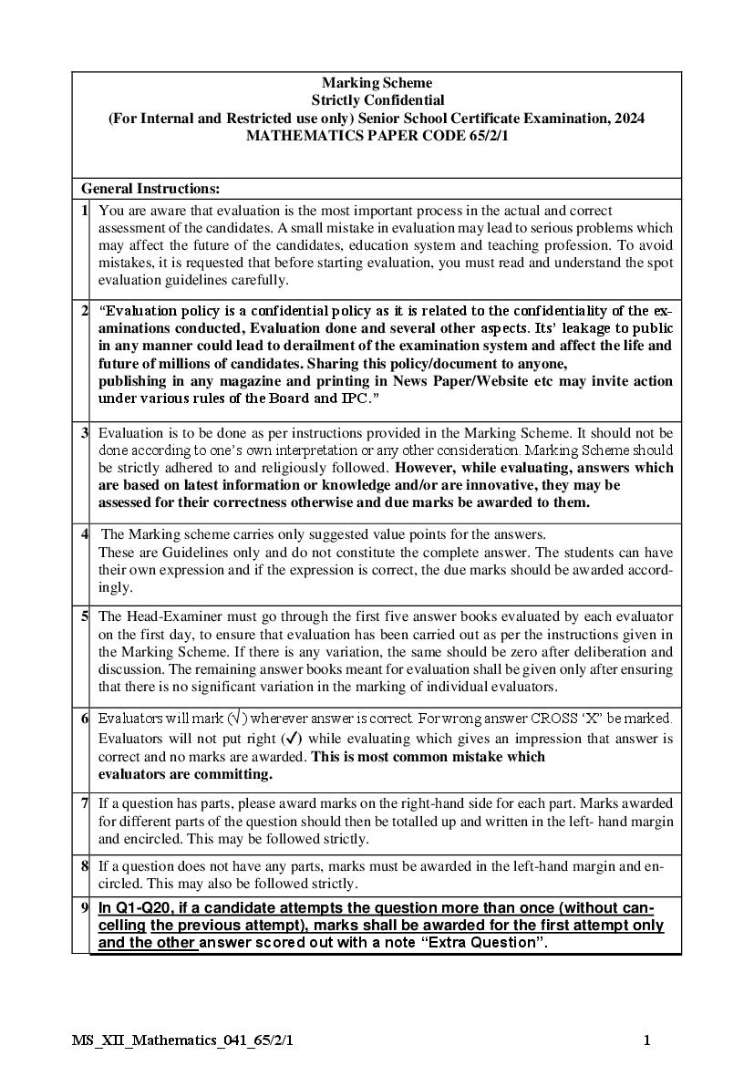 CBSE Class 12 Question Paper 2024 Solution Maths - Page 1