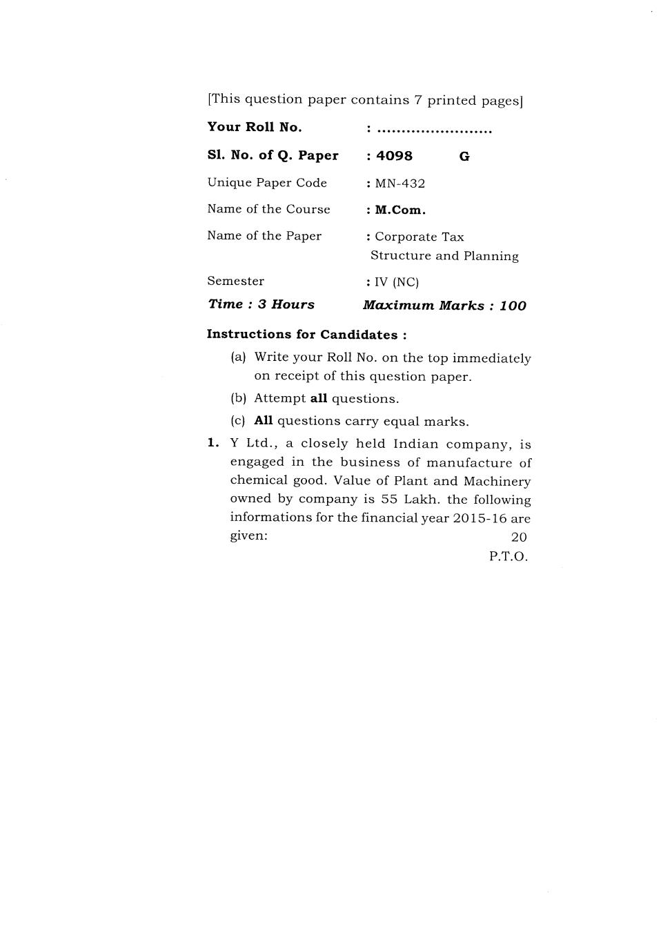 DU SOL M.Com Question Paper 2nd Year 2018 Sem 4 Corporate Tax Structure And Planning - Page 1