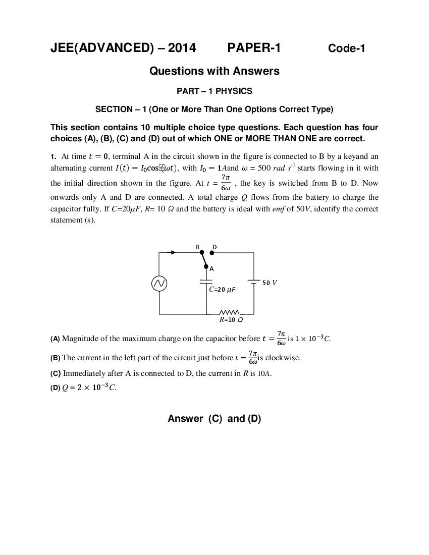 JEE Advanced 2014 Question Paper 1 - Page 1