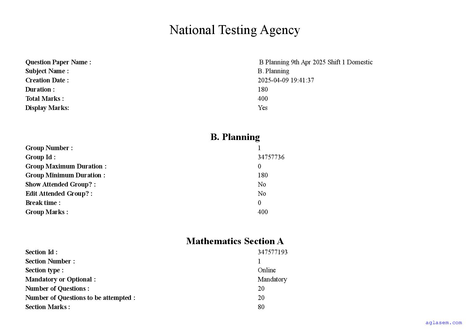 JEE Main 2025 Question Paper (B.Planning) - 9 Apr Shift 1 - Page 1 of 139