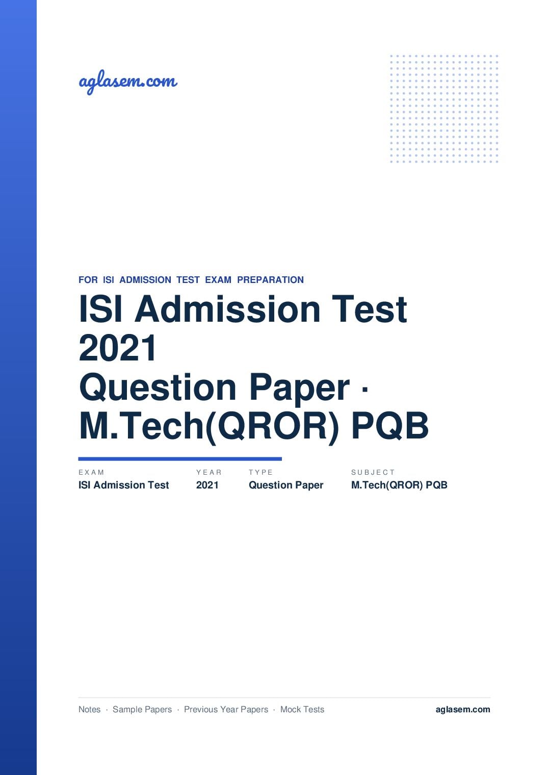 ISI Admission Test 2021 Question Paper M.Tech(QROR) PQB - Page 1 of 13
