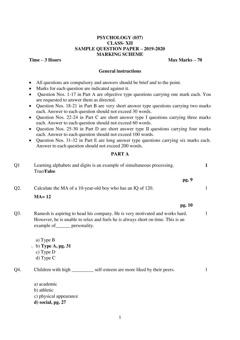 CBSE Class 12 Marking Scheme 2020 for Psychology - Page 1