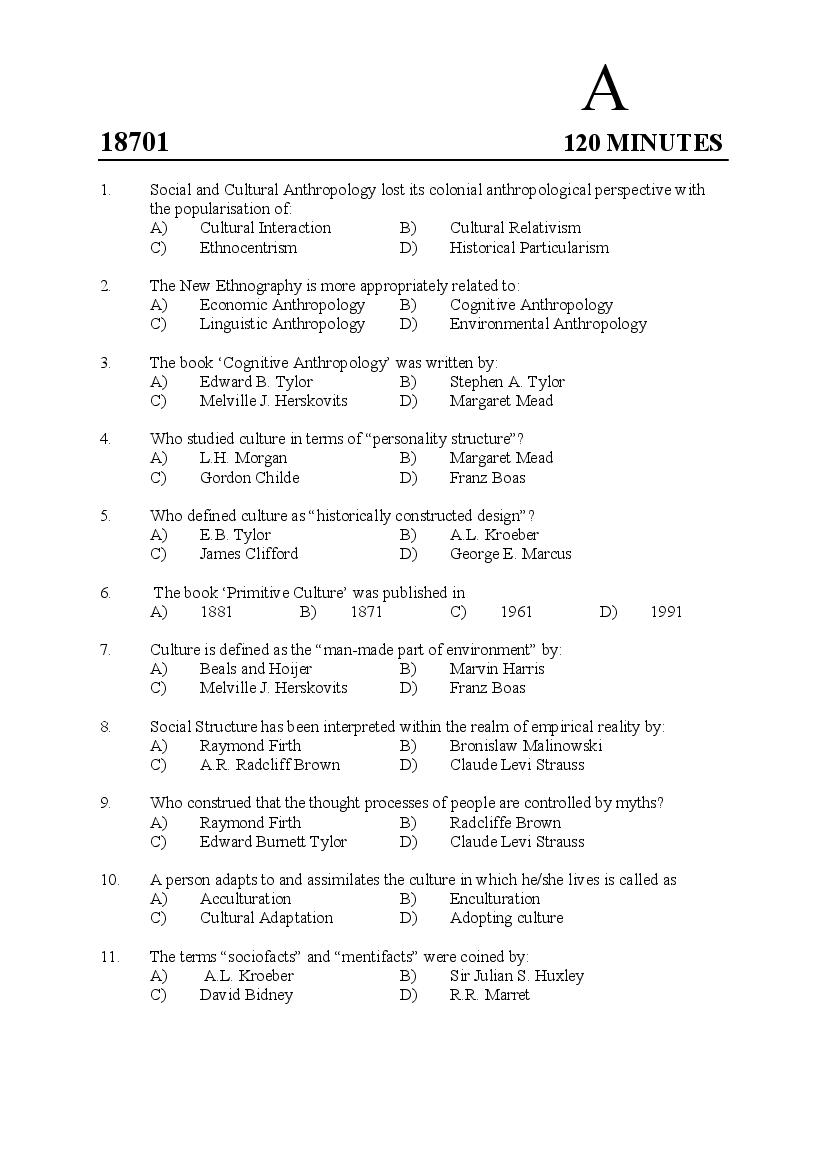 Kerala SET 2018 Jul Question Paper Anthropology - Page 1 of 12