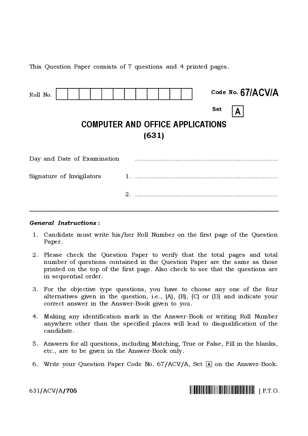 NIOS Class 12 April 2024 Question Paper Computer and Office Applications - Page 1 of 4