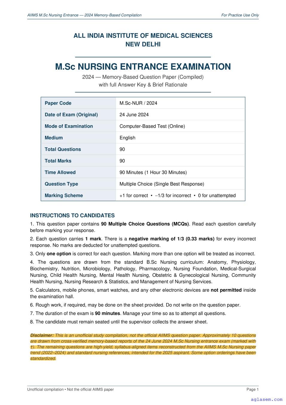 AIIMS M.Sc Nursing 2024 Question Paper - Page 1 of 18