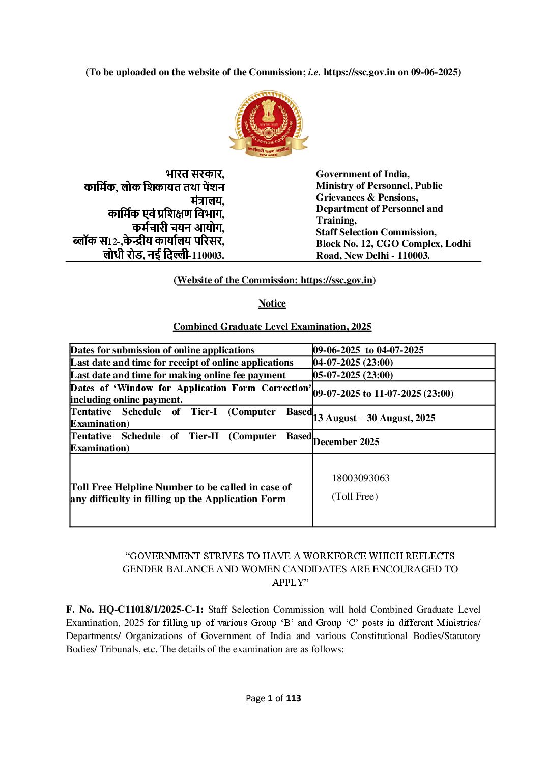 SSC CGL 2025 Notification - 14582 vacancies - Page 1 of 113