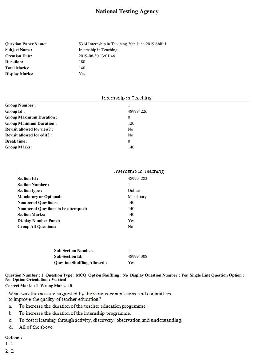 ARPIT 2019 Question Paper for Internship in Teaching Shift 1 - Page 1 of 45