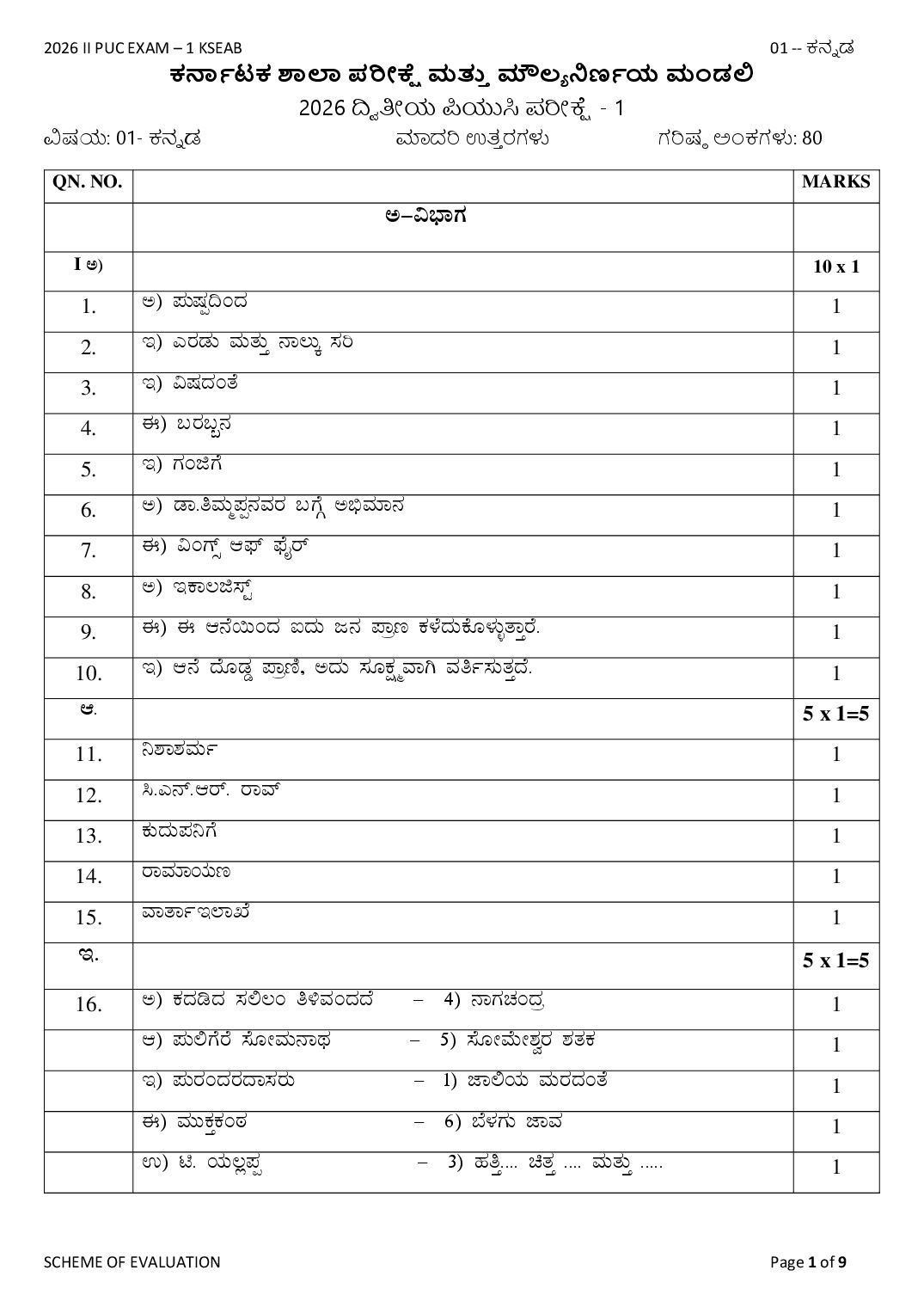 Karnataka 2nd PUC Question Paper 2026 Answer Key Kannada - Page 1 of 9