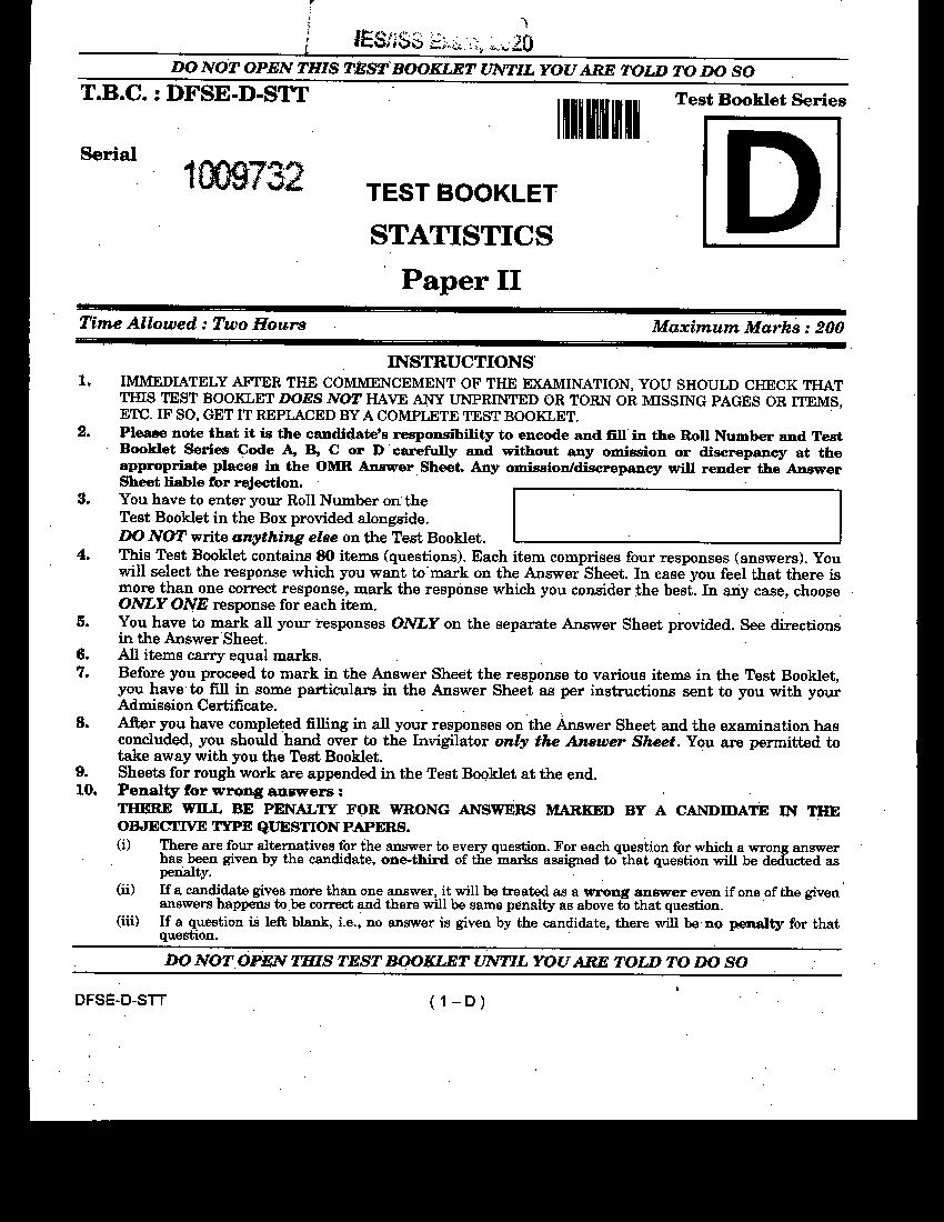 UPSC IES ISS 2020 Question Paper Statistics Paper 2 - Page 1